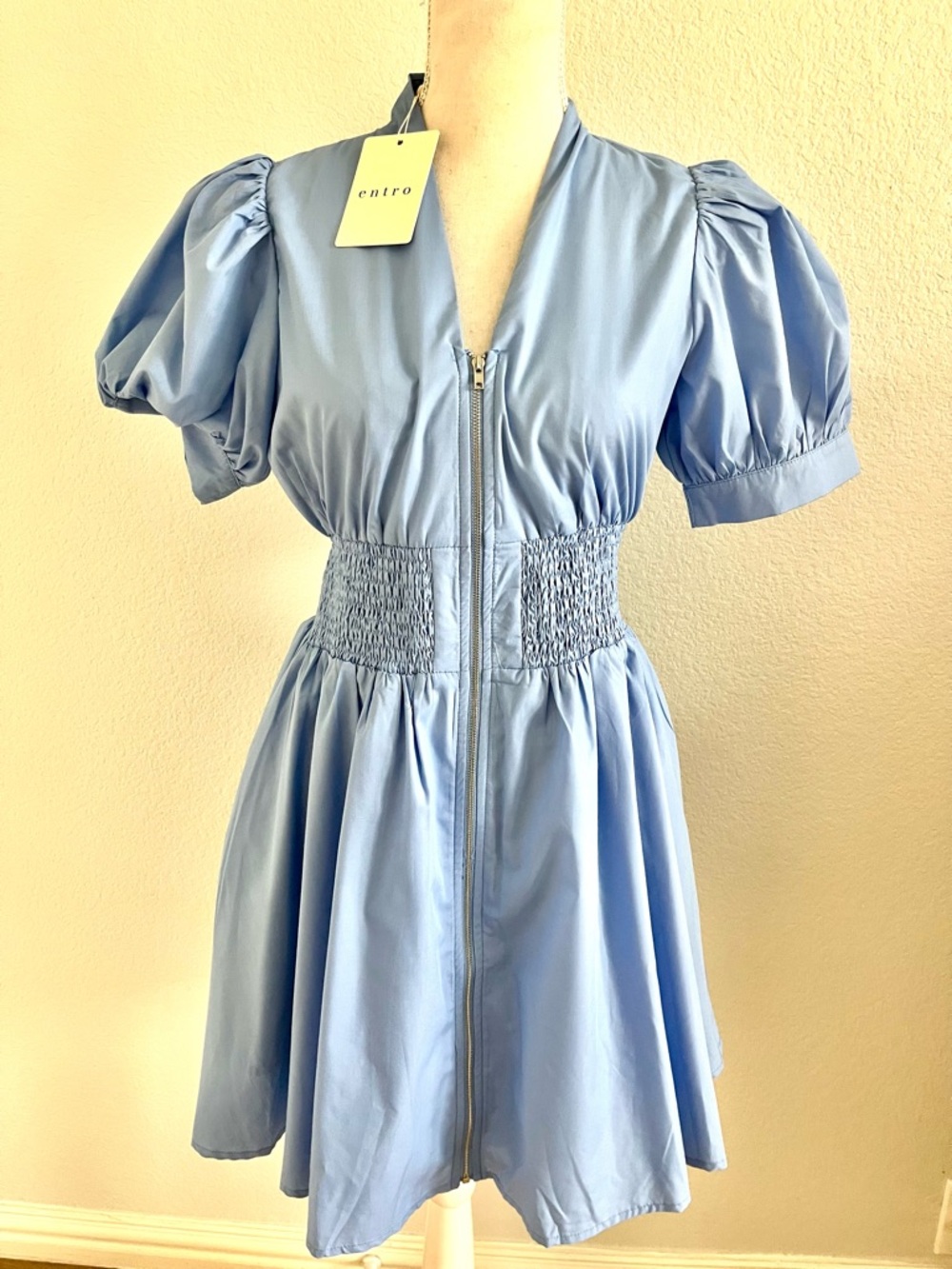 New Entro Light Blue Puff Sleeve Smocked Waist Dress